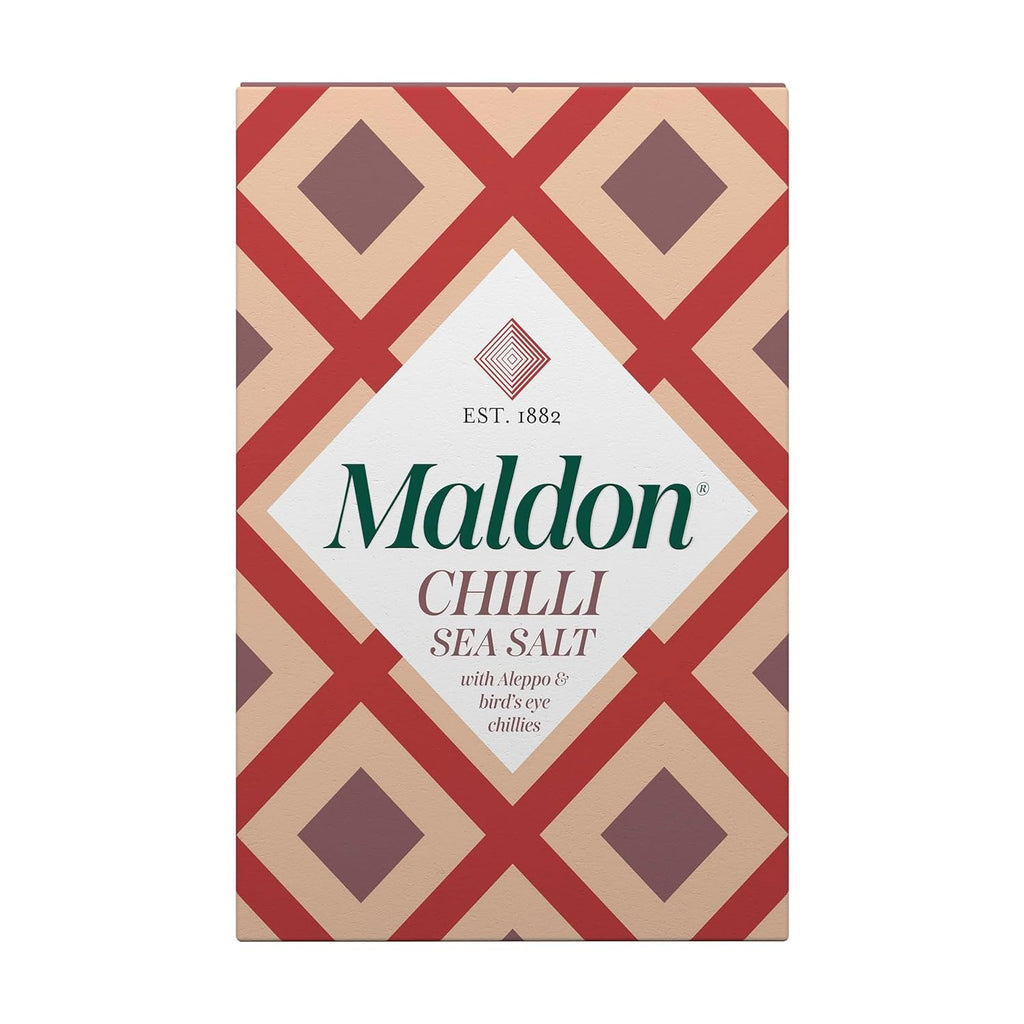 Maldon Chilli Sea Salt Flakes blended with Aleppo & Bird’s Eye Chillies - Take simple dishes to the next level - Fantastic Flavour - Unique Pyramid-Shaped Sea Salt Flakes - 100g Box